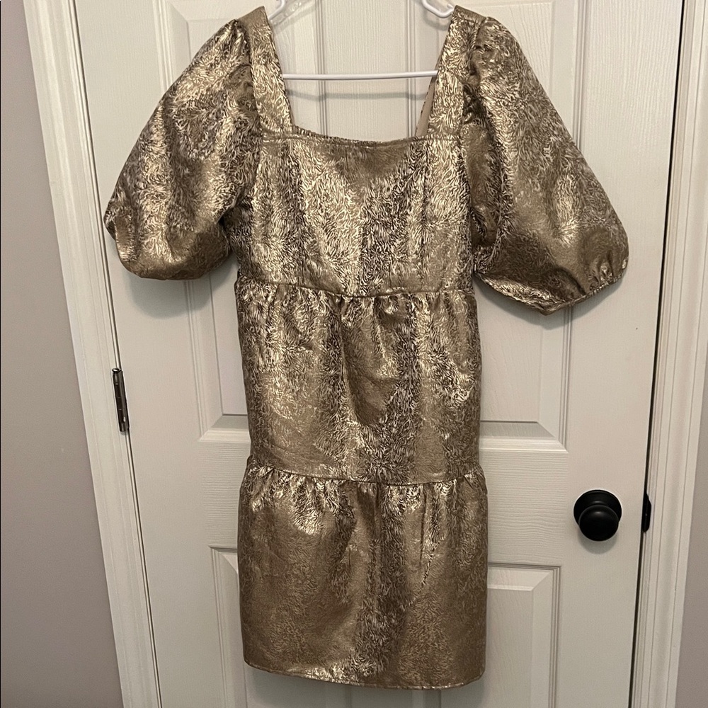 Gold Puff Sleeve Dress Versona Small Boutique Dressy Party Cocktail Like new